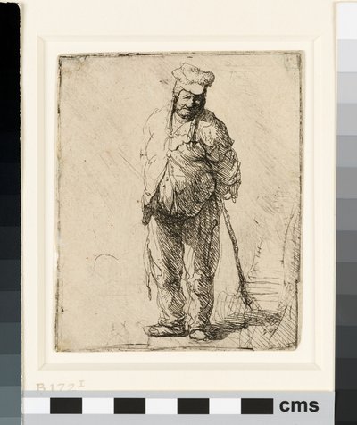 उसके पीछे अपने हाथों से पके हुए किसान, एक छड़ी पकड़े हुए, c.1630 (नक़्क़ाशी) द्वारा रिमब्रांड वैन रिजन
