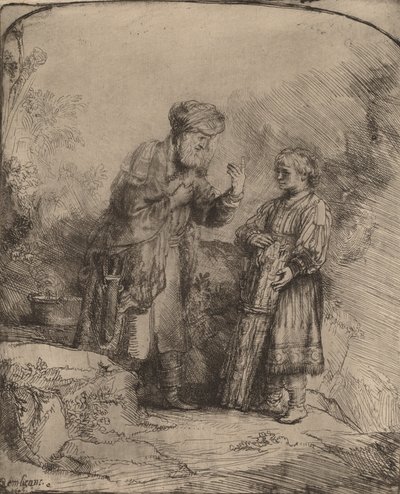 इब्राहीम और इसहाक, 1645। द्वारा रिमब्रांड वैन रिजन