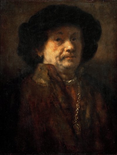रेम्ब्रांट वैन रिजन (1606-1669) द्वारा सोने की चेन और कान की बाली के साथ एक फर कोट में सेल्फ-पोर्ट्रेट। लकड़ी पर तेल द्वारा रिमब्रांड वैन रिजन