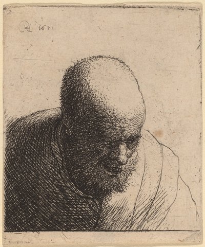 खुले मुंह वाला गंजा आदमी, नीचे देख रहा है, c. 1630. द्वारा रिमब्रांड वैन रिजन