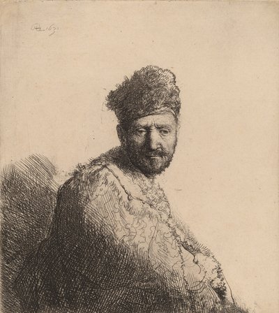दाढ़ी वाला आदमी, एक धुंधली ओरिएंटल कैप और रोब में: कलाकार का पिता, 1631। द्वारा रिमब्रांड वैन रिजन
