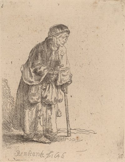 एक छड़ी पर झुकी हुई भिखारी महिला, 1646। द्वारा रिमब्रांड वैन रिजन