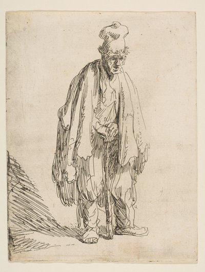 एक उच्च टोपी में भिखारी, एक छड़ी पर खड़े होकर झुकना, ca. 1629। द्वारा रिमब्रांड वैन रिजन