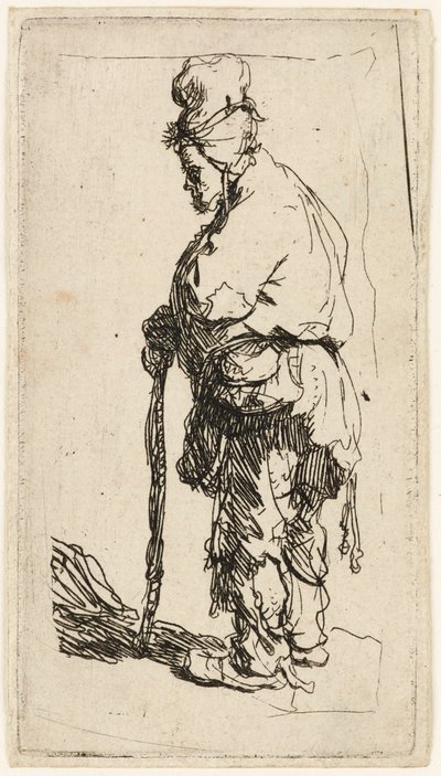 भिखारी एक छड़ी पर झुक गया, c.1630। द्वारा रिमब्रांड वैन रिजन
