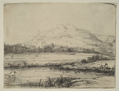 एक एंगलर और दो हंसों के साथ नहर, 1650। द्वारा रिमब्रांड वैन रिजन