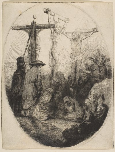दो चोरों के बीच क्राइस्ट क्राइस्ट, अंडाकार प्लेट, ca. 1641। द्वारा रिमब्रांड वैन रिजन