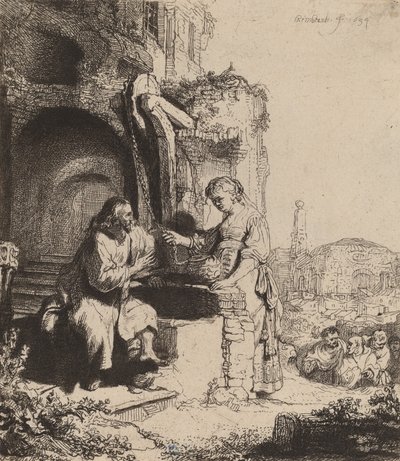 खंडहरों के बीच क्राइस्ट एंड द वूमन ऑफ सामरिया, 1634। द्वारा रिमब्रांड वैन रिजन
