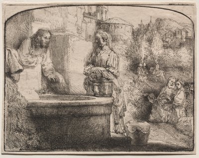 क्राइस्ट एंड द वूमन ऑफ सामरिया: एन आर्च्ड प्रिंट, 1657-58। द्वारा रिमब्रांड वैन रिजन