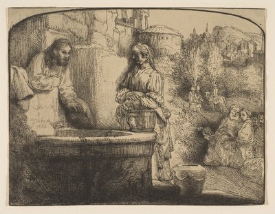 क्राइस्ट एंड द वूमन ऑफ सामरिया: ए आर्च्ड प्रिंट, 1658। द्वारा रिमब्रांड वैन रिजन