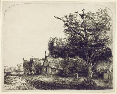 एक सड़क, 1650 के पास गॉबेज कॉटेज के साथ लैंडस्केप (कागज पर und drypoint नक़्क़ाशी) द्वारा रिमब्रांड वैन रिजन