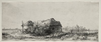एक कॉटेज और हे बार्न के साथ लैंडस्केप: ओबलोंग, 1641। द्वारा रिमब्रांड वैन रिजन