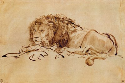शेर विश्राम (कलम और स्याही कागज पर) द्वारा Rembrandt van Rijn