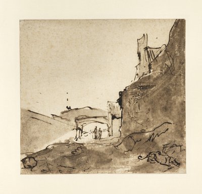 दीवारों और दरवाजे के साथ एक शहर का बाहरी हिस्सा, c.1627-28 (कागज पर धोने के साथ भारतीय स्याही) द्वारा रिमब्रांड वैन रिजन