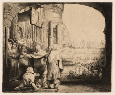 पतरस और यूहन्ना मंदिर के द्वार पर अपंग को चंगा करते हुए द्वारा रिमब्रांड वैन रिजन
