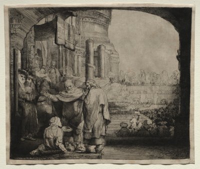पतरस और यूहन्ना मंदिर के द्वार पर अपंग को चंगा करते हुए द्वारा रिमब्रांड वैन रिजन