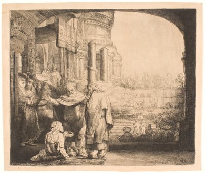पतरस और यूहन्ना मंदिर के द्वार पर अपंग को चंगा करते हुए द्वारा रिमब्रांड वैन रिजन