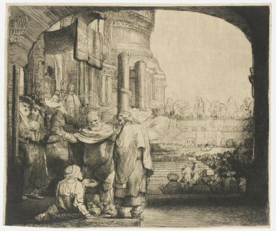 पतरस और यूहन्ना मंदिर के द्वार पर अपंग को चंगा करते हुए द्वारा रिमब्रांड वैन रिजन