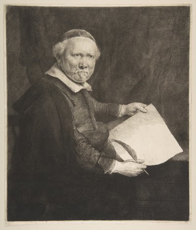 लीवेन विल्म्सज़ वैन कोपेनोल का चित्रण, मास्टर को लिखने की बड़ी प्लेट, 1658। द्वारा रिमब्रांड वैन रिजन