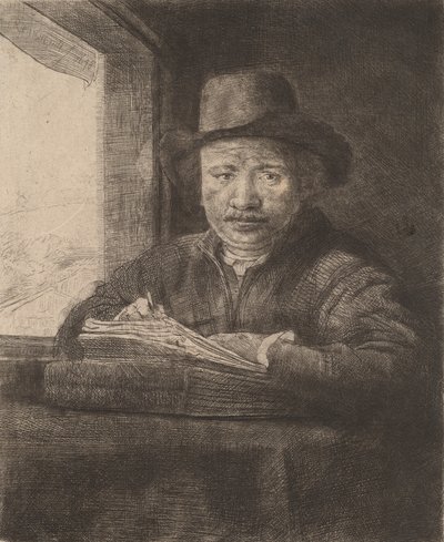 एक खिड़की पर सेल्फ-पोर्ट्रेट ड्रॉइंग, 1648। द्वारा रिमब्रांड वैन रिजन