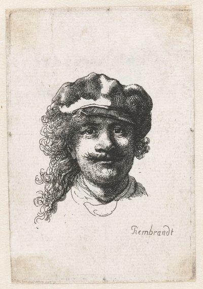 सॉफ्ट कैप पहने हुए सेल्फ़-पोर्ट्रेट: पूरा चेहरा, सिर्फ़ सिर, c. 1635. द्वारा रिमब्रांड वैन रिजन