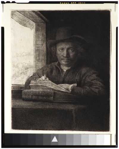 सेल्फ-पोर्ट्रेट, नक़्क़ाशी एक खिड़की पर, 1648 (नक़्क़ाशी और रखी कागज पर उत्कीर्णन) द्वारा रिमब्रांड वैन रिजन