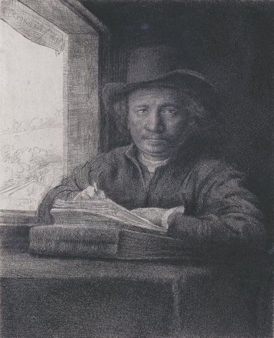 सेल्फ-पोर्ट्रेट, नक़्क़ाशी एक खिड़की पर, 1648 (नक़्क़ाशीदार कागज पर नक्काशी नक्काशी) द्वारा रिमब्रांड वैन रिजन