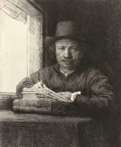 1648 एक खिड़की पर स्व-चित्र नक़्क़ाशी द्वारा रिमब्रांड वैन रिजन