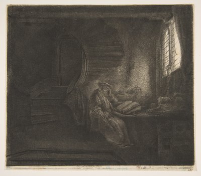 सेंट जेरोम एक डार्क चैंबर में, 1642। द्वारा रिमब्रांड वैन रिजन