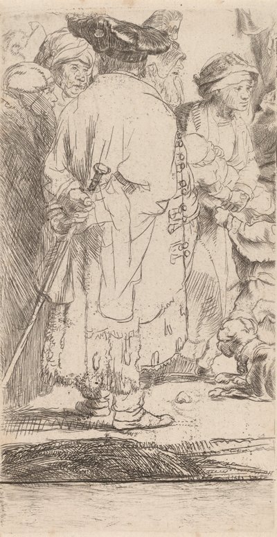 द मैन विथ ए केन फ्रैगमेंट फ्रॉम द हंड्रेड गिल्डर प्रिंट, c. 1649. द्वारा रिमब्रांड वैन रिजन