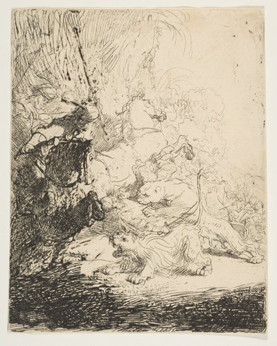 छोटे शेर का शिकार, दो शेरों के साथ, ca. 1632। द्वारा रिमब्रांड वैन रिजन