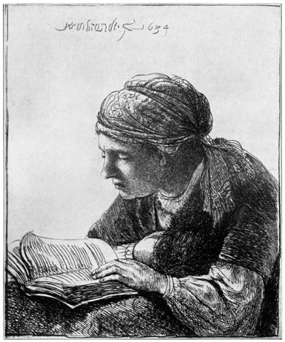 वुमन रीडिंग, 1634, 1912। द्वारा रिमब्रांड वैन रिजन