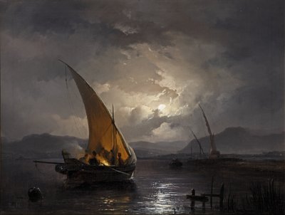1860 के बाद एक सेलबोट के साथ एक रात का परिदृश्य जहाँ आग जलाई जा रही है, कैनवास पर तेल () द्वारा रिमिगियस वैन हैनन