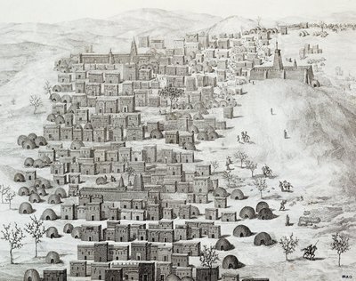1824 और 1828, अफ्रीका के बीच रेने कैली (1799-1838) द्वारा मध्य अफ्रीका के माध्यम से टिम्बकटू तक ट्रेवल्स से उत्कीर्ण टिम्बकटू, माली शहर का दृश्य द्वारा रेने केली