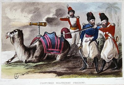 उन्नीसवीं सदी की फ़ारसी सैन्य पोशाक और एक तोप वाला ऊँट, c.1840 (कलर लिथो) द्वारा रेने डेमोराइन