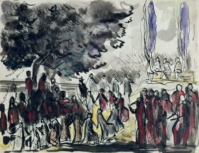 ओपेरा डे पेरिस में एक प्रदर्शन के लिए हेक्टर बर्लियोज़ (1803-69) द्वारा रचित &39;लेस ट्रॉयन्स&39; (द ट्रोज़न्स) के लिए सेट डिज़ाइन (कागज पर पेन इन स्याही और वॉटरकलर) द्वारा रेने पियोट