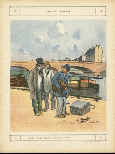 Le Rire में रिकार्डो फ्लोर्स (1878-1918) का चित्रण, 05/10/12 - नाई पर - पेरिस, पेशे, वास्तुकला नगर नियोजन, पुल, नदी नदी - कुत्ता, नाई द्वारा रिकार्डो फ्लोर्स