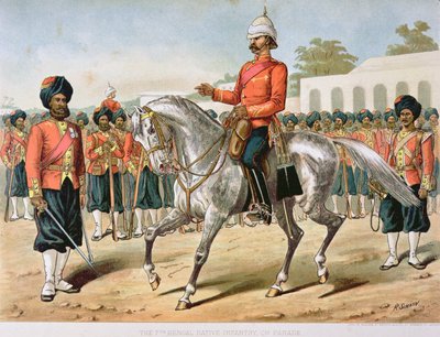 परेड पर 7वीं बंगाल इन्फैंट्री, 1880 के दशक की एंग्लो-इंडियन आर्मी (कलर लिथो) द्वारा रिचर्ड (बाद में)