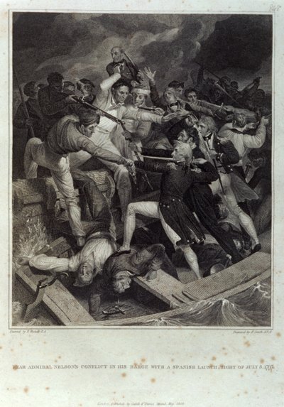 3 जुलाई 1797 की रात को स्पेनिश लॉन्च के साथ अपने बजरे में रियर एडमिरल नेल्सन का संघर्ष, ए. स्मिथ द्वारा उकेरा गया, कैडेल एंड डेविस द्वारा प्रकाशित, मई १८०९ (उत्कीर्णन) द्वारा रिचर्ड (बाद में) वेस्टाल
