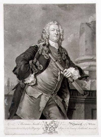जॉन फेबर (1684-1756) 1746 (उत्कीर्णन) द्वारा उत्कीर्ण एडमिरल थॉमस स्मिथ (डी.1762) व्हाइट के वाइस-एडमिरल का पोर्ट्रेट द्वारा रिचर्ड (बाद) विल्सन