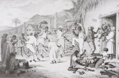 ब्लैक डांस, 'वेस्ट इंडिया सीनरी विद इलस्ट्रेशन्स ऑफ नीग्रो कैरेक्टर' से, आर. जेनिंग्स द्वारा मुद्रित द्वारा रिचर्ड ब्रिजेंस