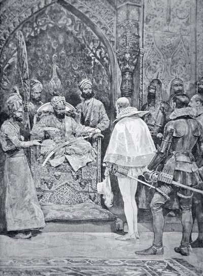 अकबर महान ने 1599 में महारानी एलिजाबेथ के राजदूत की अगवानी की (लिथो) द्वारा रिचर्ड कैटन (के बाद) वुडविले