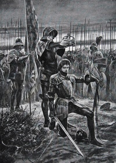 हेनरी VII को बोसवर्थ में ताज पहनाया गया, 'द हिस्ट्री ऑफ द नेशन' (लिथो) से चित्रण द्वारा रिचर्ड कैटन II (बाद में) वुडविले