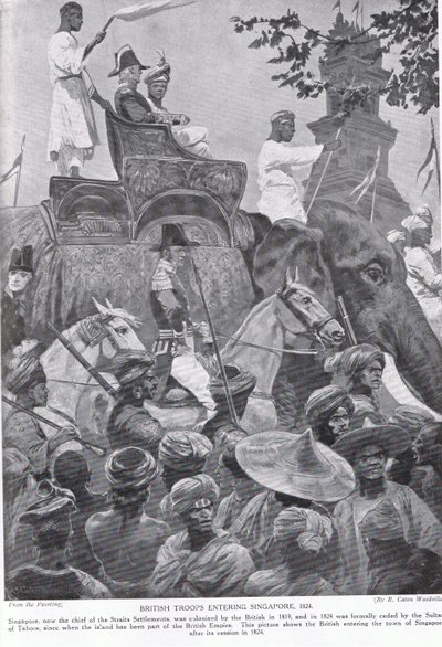 सिंगापुर में ब्रिटिश सैनिकों का प्रवेश, 1824, &39;हचिन्सन की कहानी ब्रिटिश नेशन की कहानी&39; द्वारा रिचर्ड केटन वुडविले