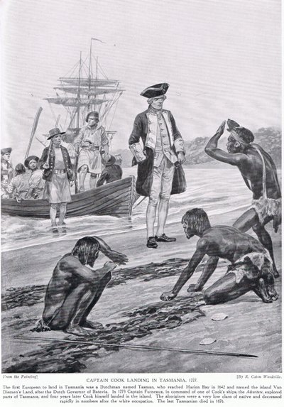 1777 में तस्मानिया में कैप्टन कुक का उतरना, &39;हचिंसन ऑफ़ द ब्रिटिश नेशन&39; का चित्रण, c.1923 द्वारा रिचर्ड केटन वुडविले