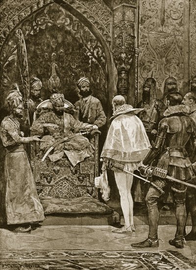 भारत में एक प्रारंभिक अंग्रेजी दूतावास, 1599, &39;हचिंसन ऑफ़ द ब्रिटिश नेशन&39; का चित्रण, c.1923 द्वारा रिचर्ड केटन वुडविले जूनियर