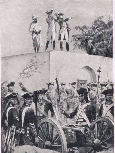 प्लेसी की लड़ाई, 23 जून 1757: नवाब सूरत-उद-दौल्स शिकार लॉज की छत पर चढ़े, ब्रिटिश बैटल ऑन लैंड एंड सी, 1915 से चित्र द्वारा रिचर्ड केटन वुडविले जूनियर
