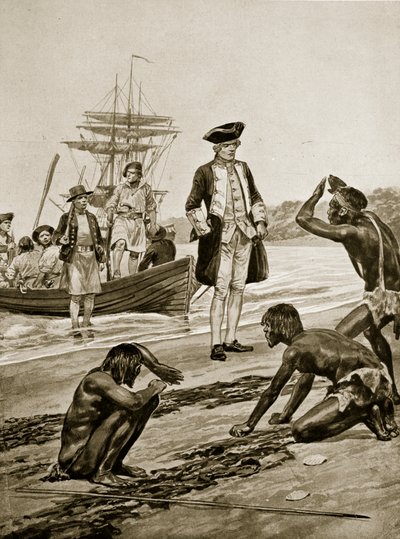 1777 में तस्मानिया में कैप्टन कुक का उतरना, &39;हचिंसन ऑफ़ द ब्रिटिश नेशन&39; का चित्रण, c.1923 द्वारा रिचर्ड केटन वुडविले जूनियर