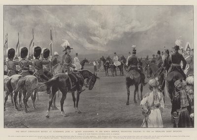 एल्डरशोट में द ग्रेट कोरोनेशन रिव्यू, 16 जून, किंग्स एब्सेंस में क्वीन एलेक्जेंड्रा, कलर्स टू द सेकेंड हाइलैंड लाइट इन्फैंट्री में द्वारा रिचर्ड केटन वुडविले जूनियर
