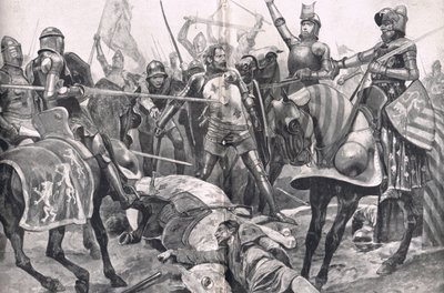 पोएटर्स की लड़ाई में जॉन द्वितीय फ्रांस द्वारा अंतिम स्टैंड, कैसेल, लंदन, सी .१ ९ १० द्वारा प्रकाशित, &39;ब्रिटिश बैटल ऑन लैंड एंड सी&39;, का चित्रण रूप द्वारा रिचर्ड केटन वुडविले जूनियर