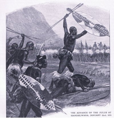 22 जनवरी 1879 को इसांडलवाना में ज़ूलस की उन्नति, भूमि और समुद्र पर ब्रिटिश लड़ाई से चित्रण, 1915 द्वारा रिचर्ड केटन वुडविले जूनियर